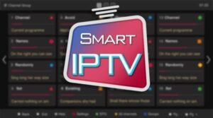 Smart IPTV app interface displayed on a smart TV screen showing various channel options